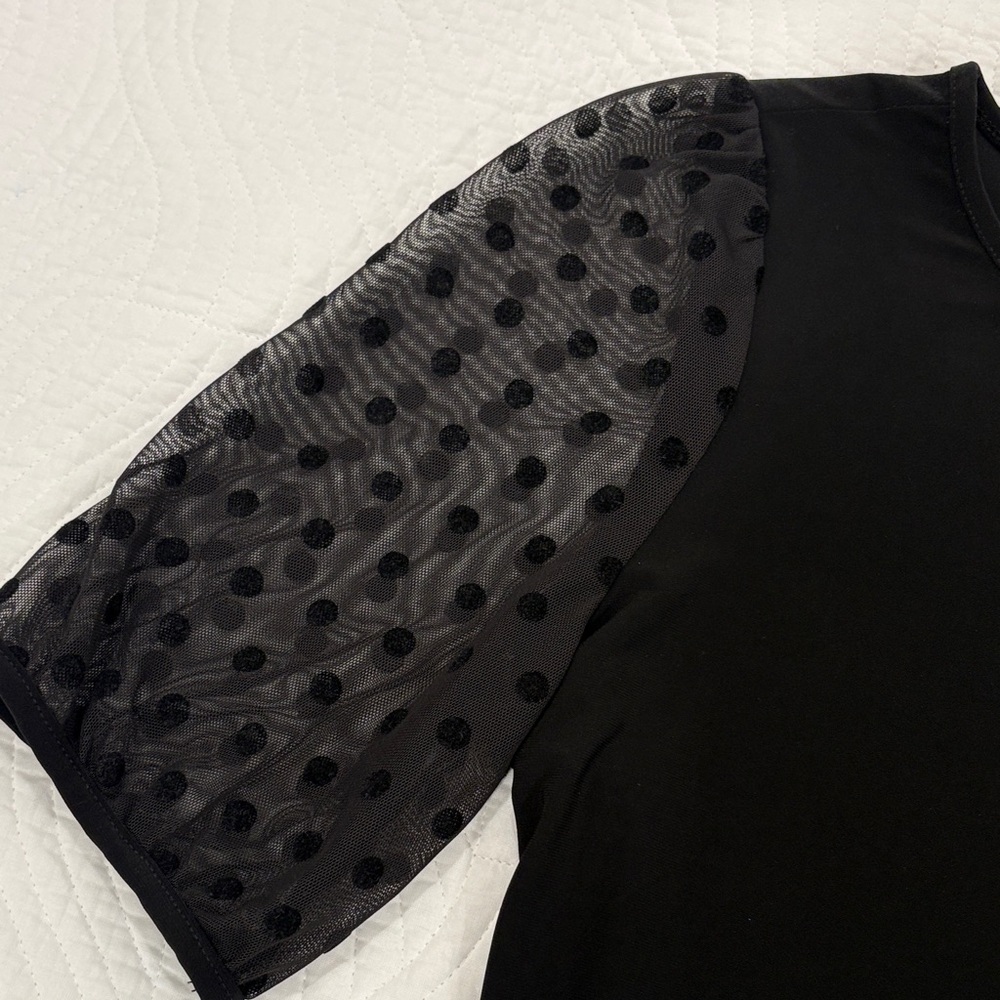 Anne Klein Black Elegant Tee with Textured Sheer Sleeves - Picture 3 of 6